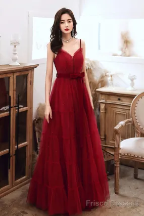 A-Line Burgundy Tulle Long Prom Dresses, Burgundy Formal Evening Dresses
