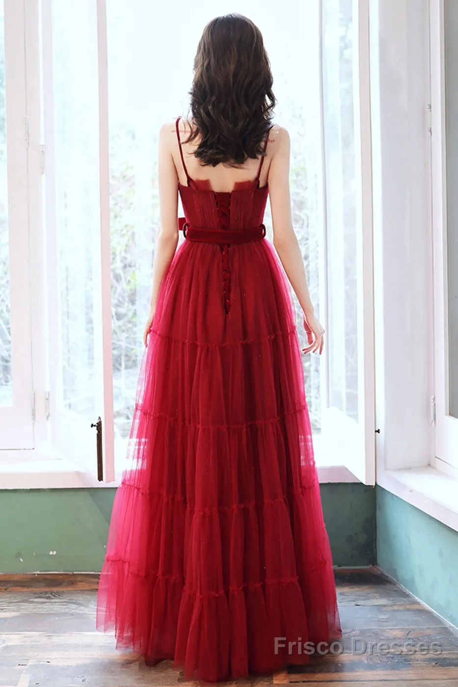 A-Line Burgundy Tulle Long Prom Dresses, Burgundy Formal Evening Dresses