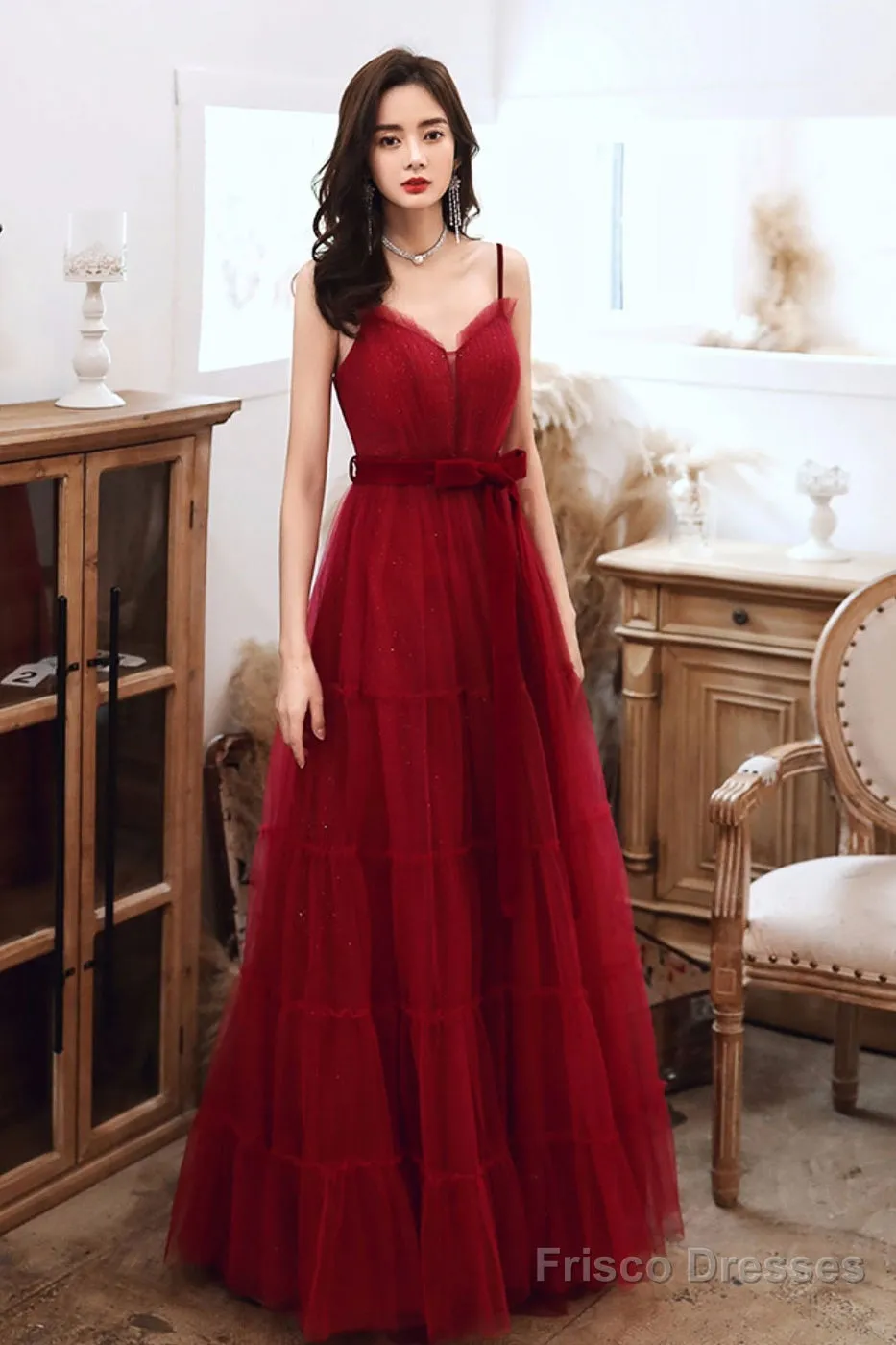 A-Line Burgundy Tulle Long Prom Dresses, Burgundy Formal Evening Dresses