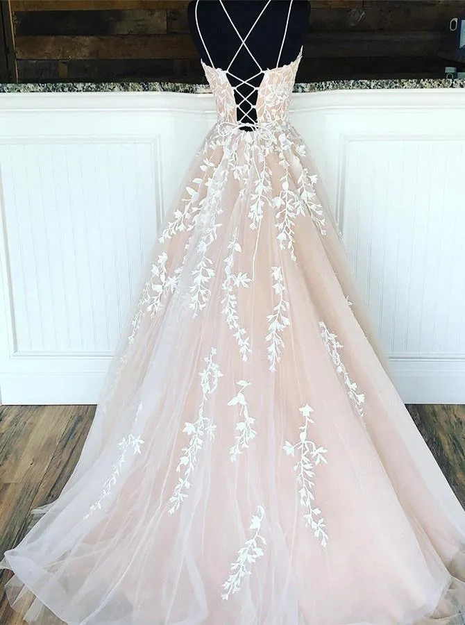 A-line Round Neck Tulle Lace Prom Dresses Formal Dresses