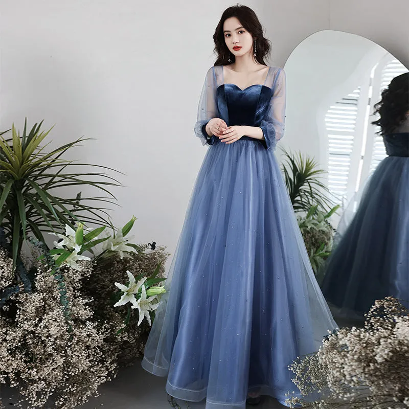 A Line Velvet Tulle Prom Dress Navy Formal Party Dress 687