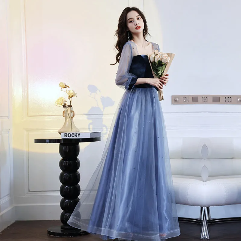 A Line Velvet Tulle Prom Dress Navy Formal Party Dress 687