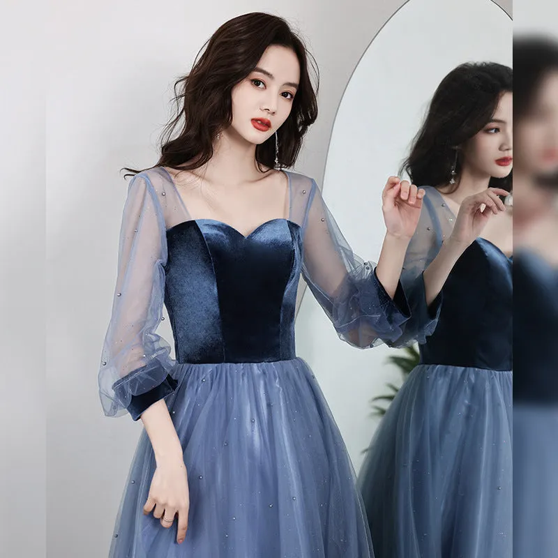 A Line Velvet Tulle Prom Dress Navy Formal Party Dress 687