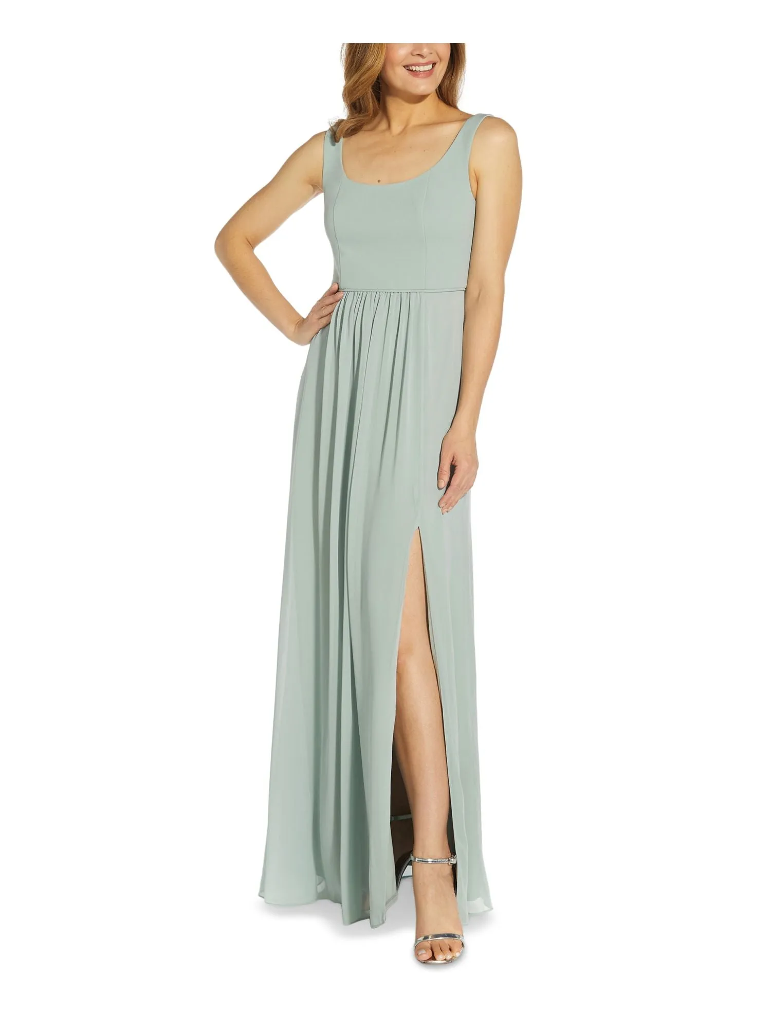 ADRIANNA PAPELL Womens Stretch Slitted Sleeveless Square Neck Full-Length Evening Gown Dress
