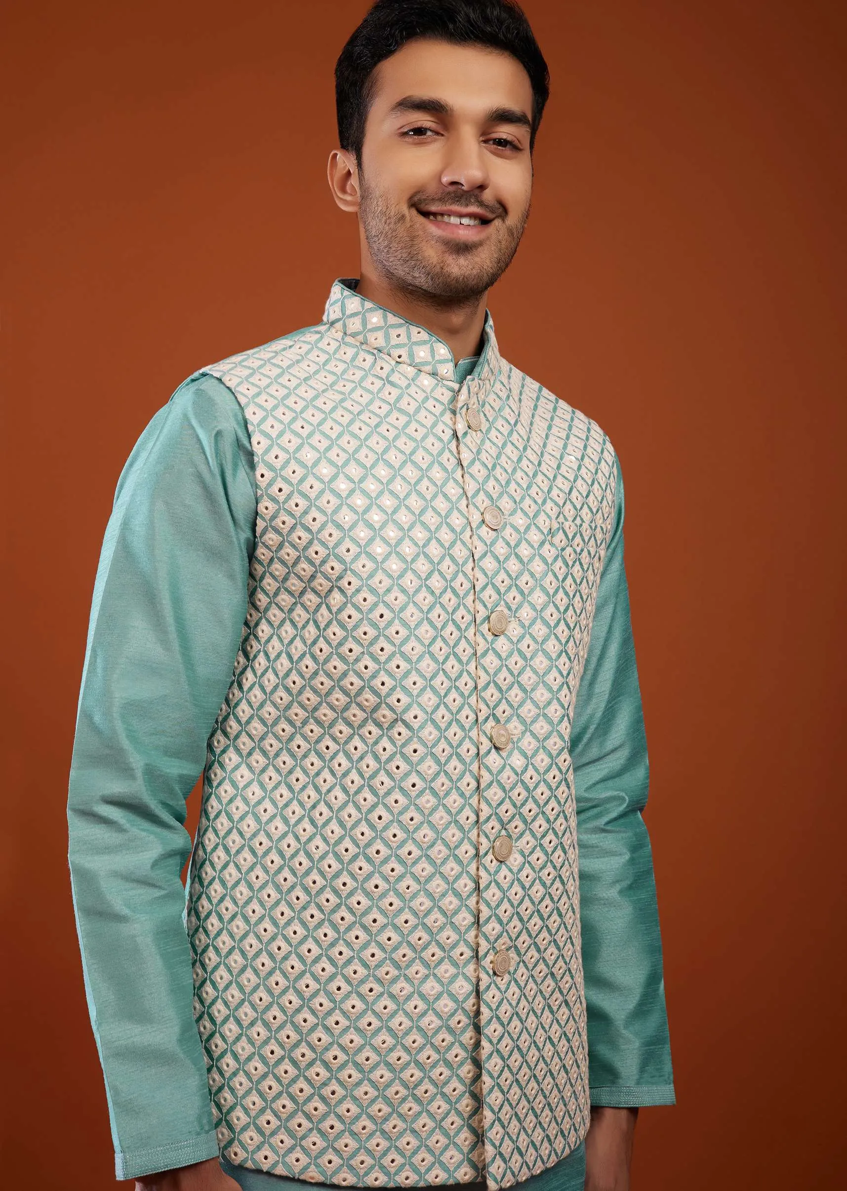 Airforce Blue Bandi Jacket Kurta Set In Cotton Silk With Mirror Embroidery