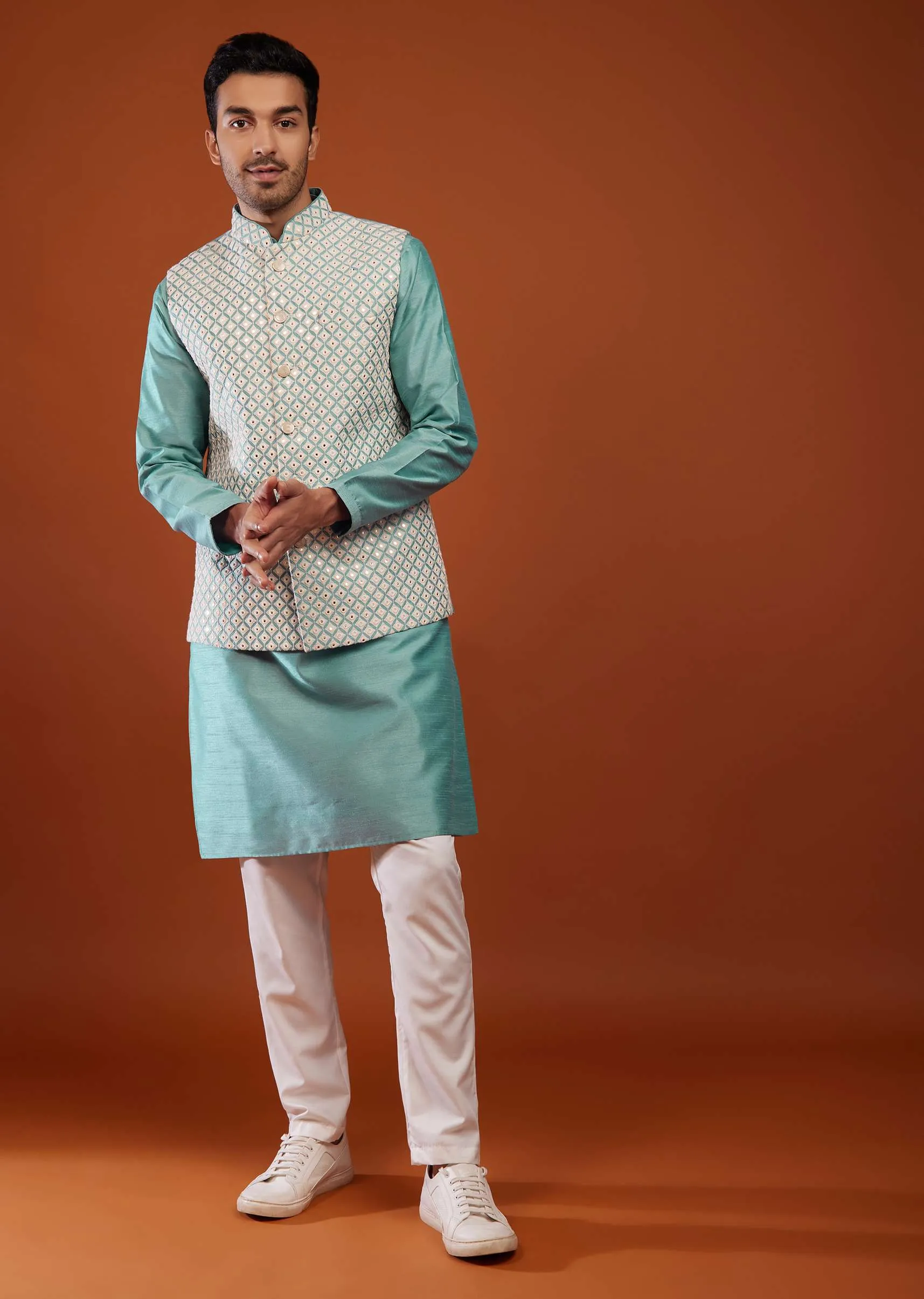 Airforce Blue Bandi Jacket Kurta Set In Cotton Silk With Mirror Embroidery