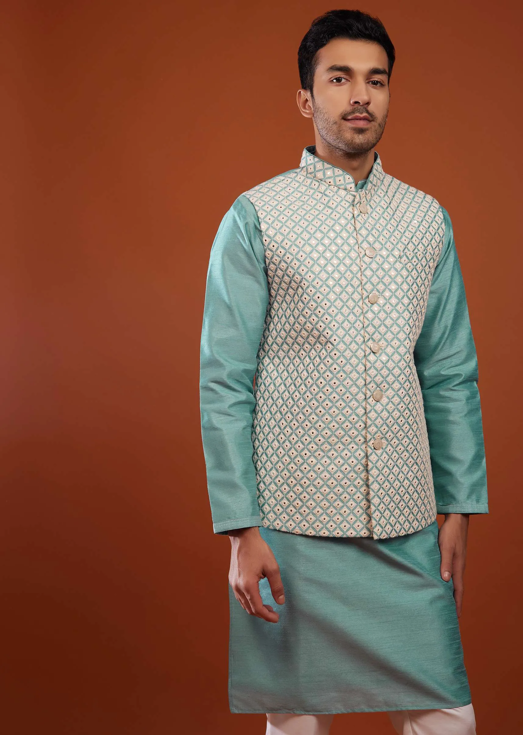 Airforce Blue Bandi Jacket Kurta Set In Cotton Silk With Mirror Embroidery