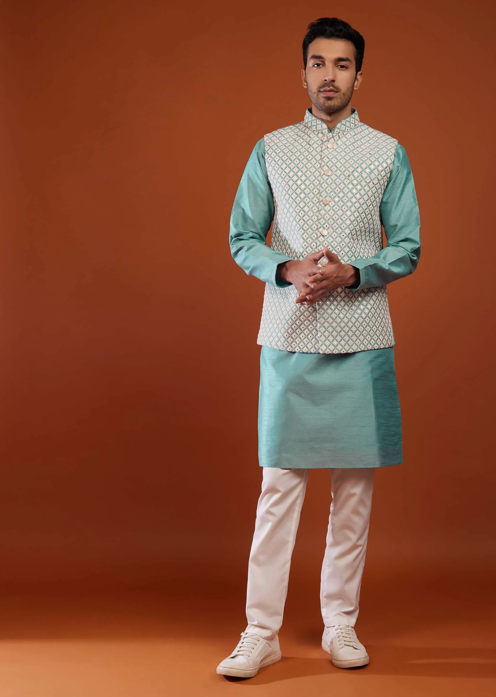 Airforce Blue Bandi Jacket Kurta Set In Cotton Silk With Mirror Embroidery