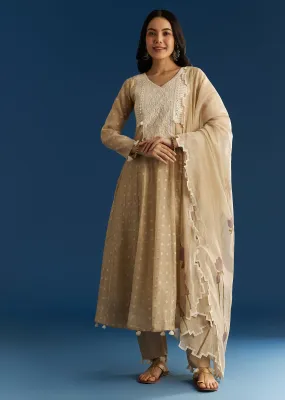 Beige Jamdani Anarkali Set With Thread Work Yoke And Floral Dupatta