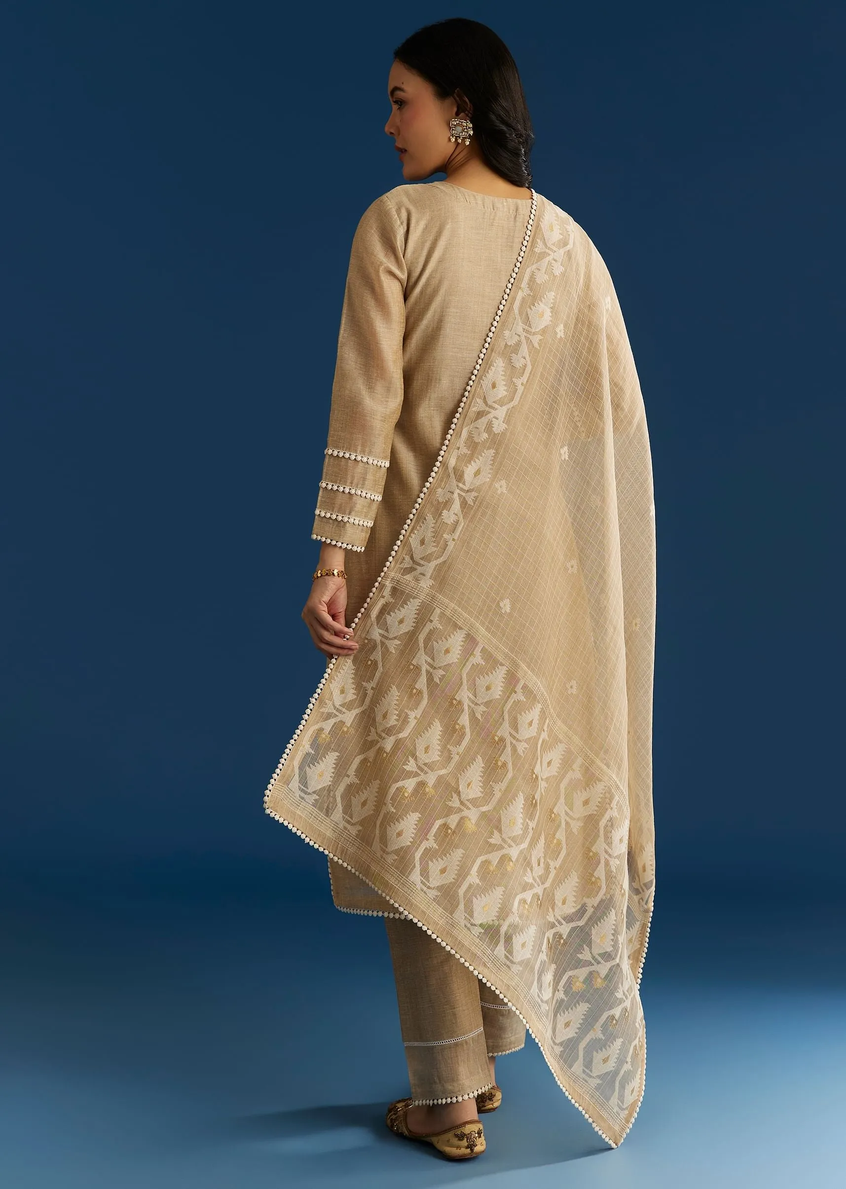 Beige Jamdani Kurta Set With Thread And Sequins Work