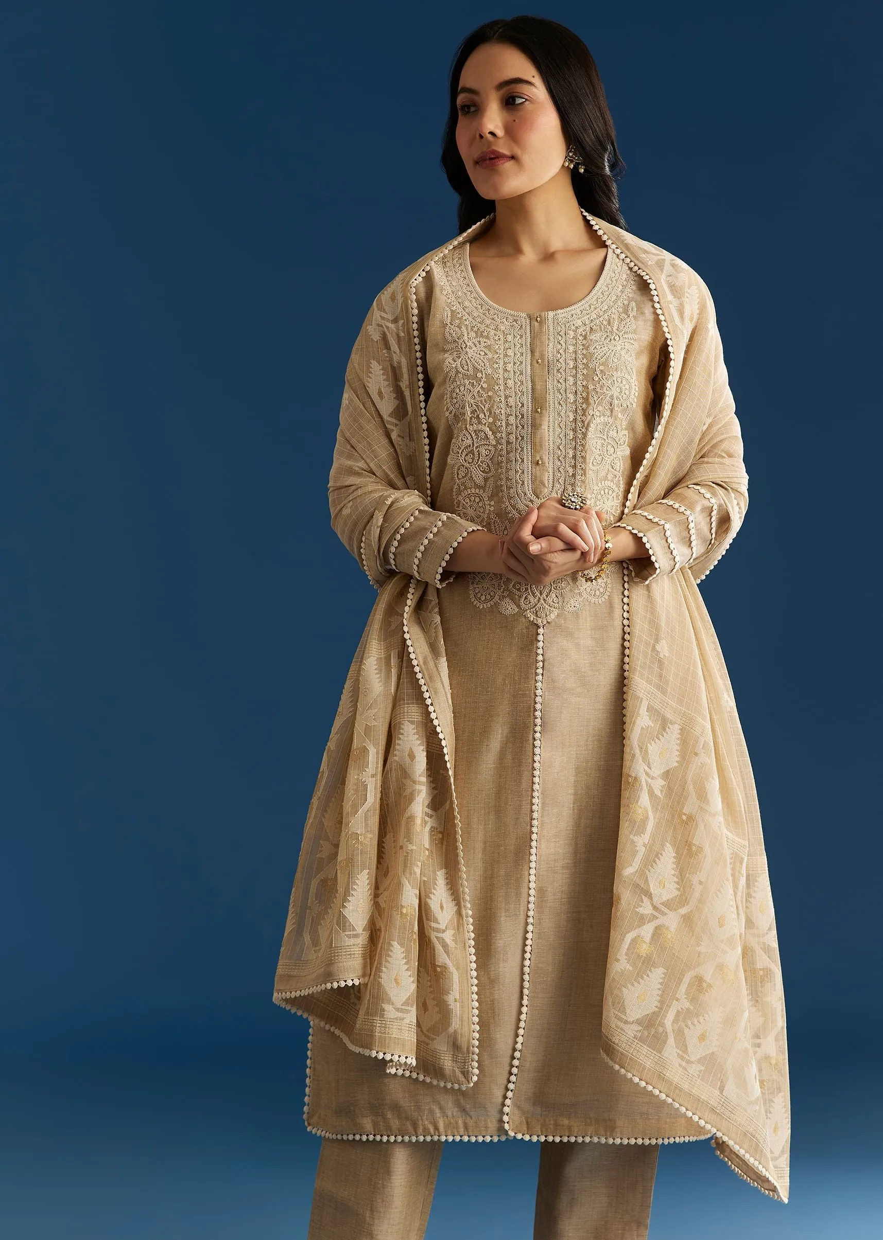 Beige Jamdani Kurta Set With Thread And Sequins Work