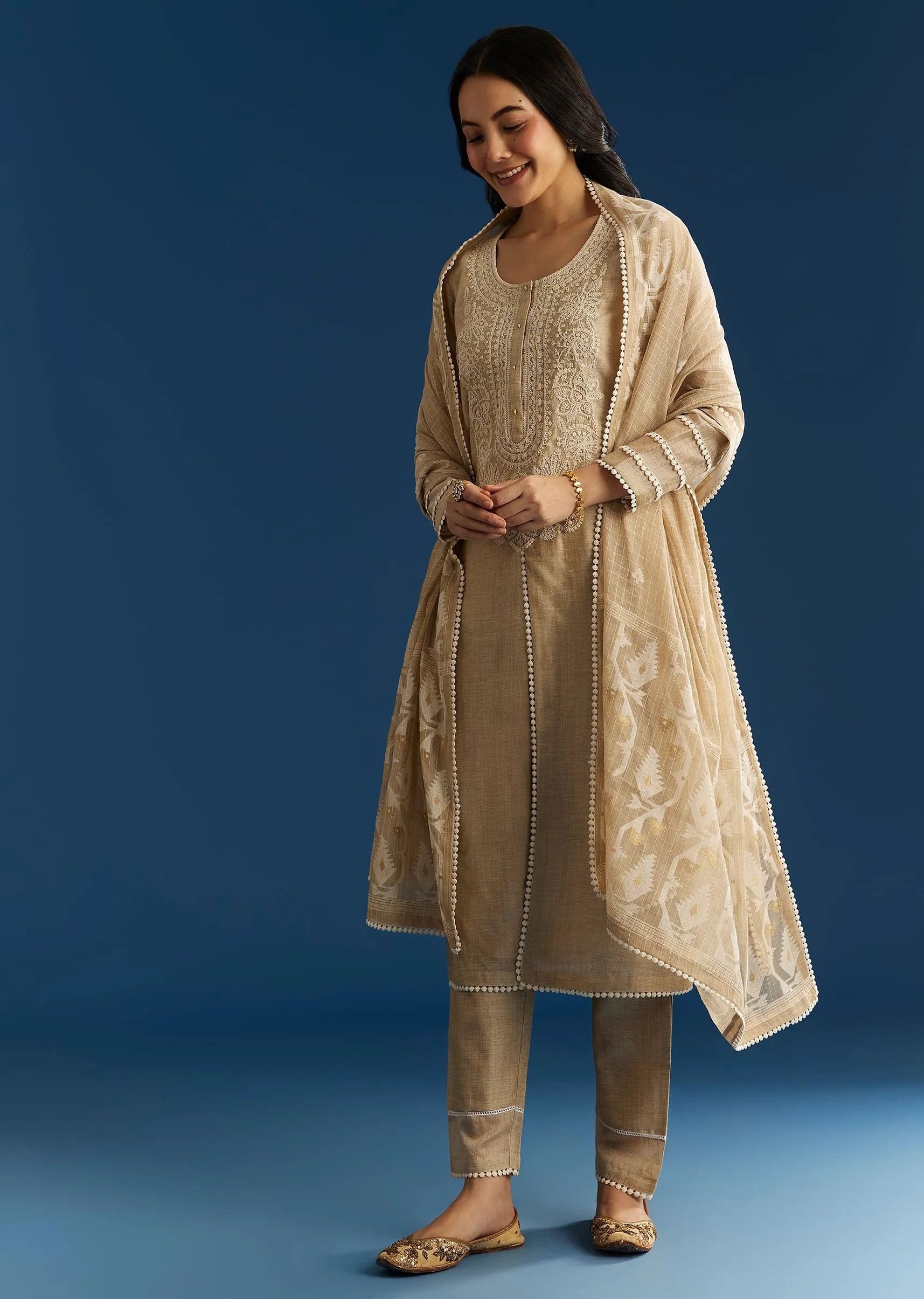 Beige Jamdani Kurta Set With Thread And Sequins Work