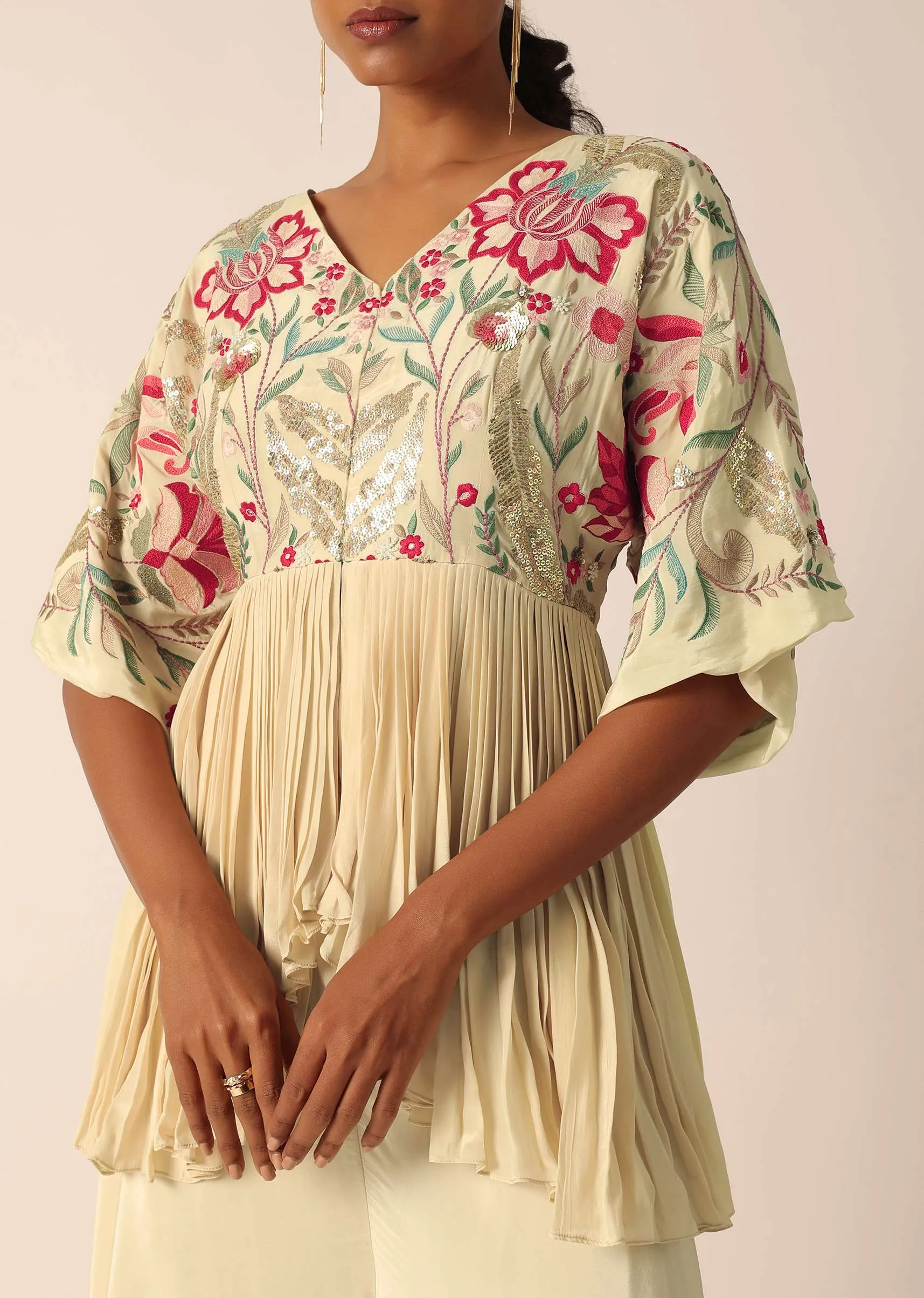 Beige Kurta And Palazzo Set With Bead Work
