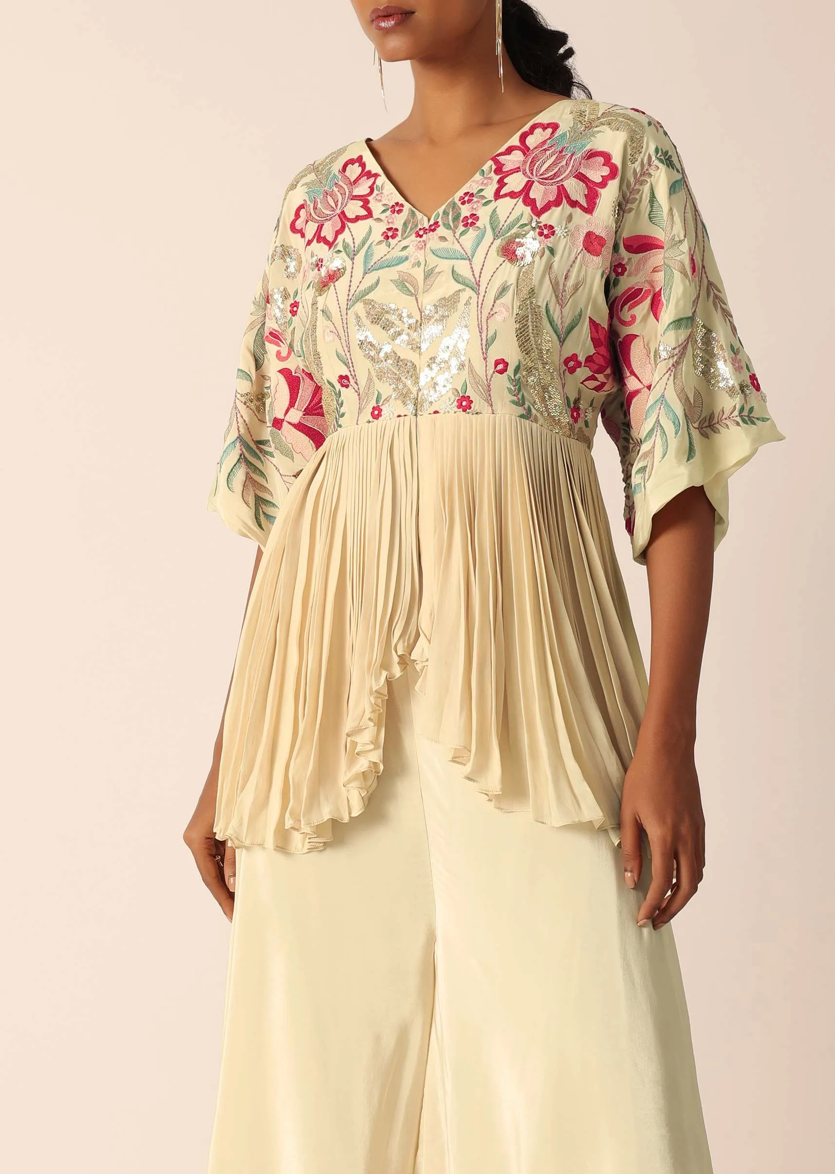 Beige Kurta And Palazzo Set With Bead Work
