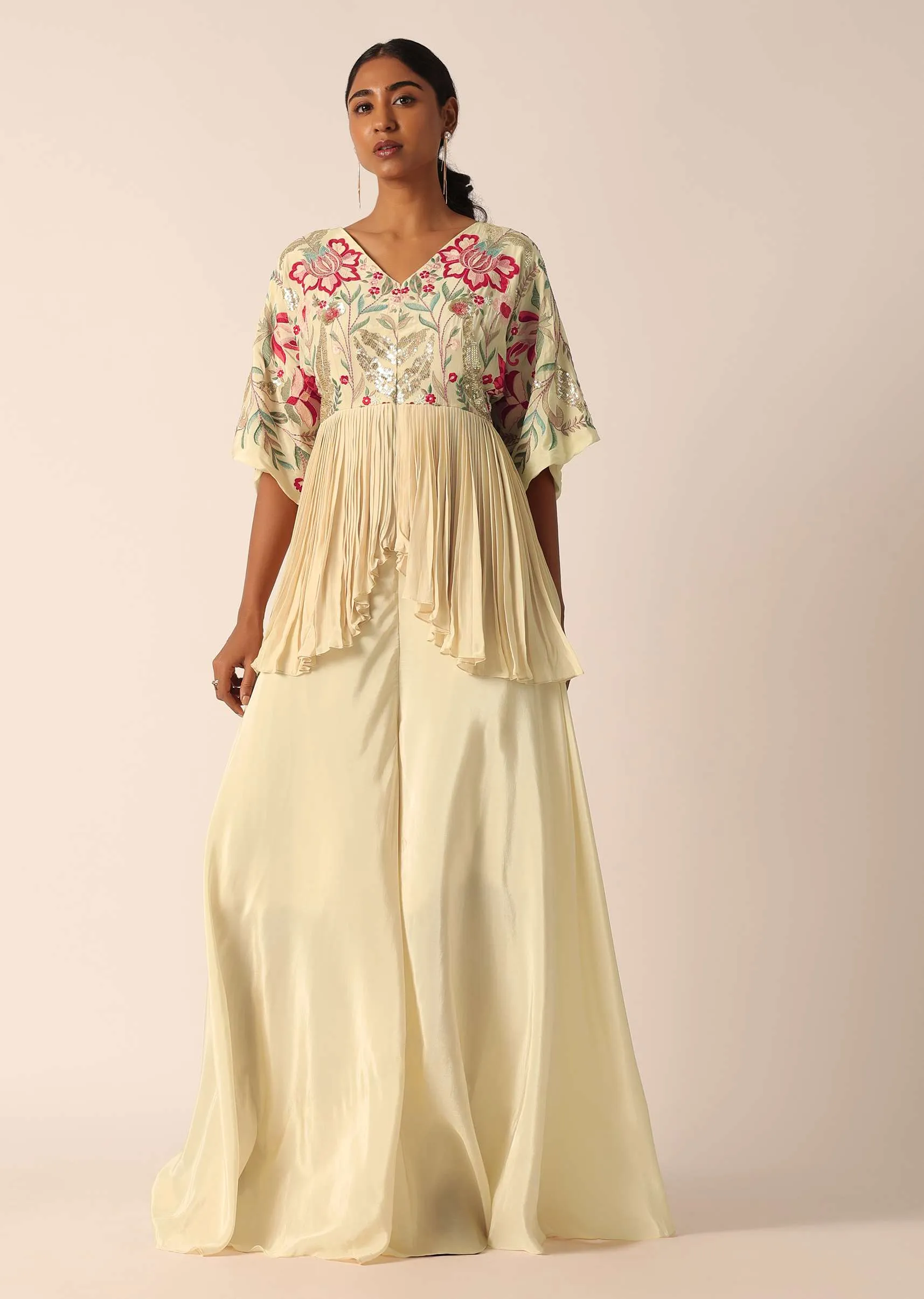Beige Kurta And Palazzo Set With Bead Work