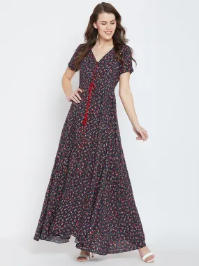 Berrylush Women Navy Blue & Red Floral Printed V-Neck Button Tie-Up Flared Maxi Dress