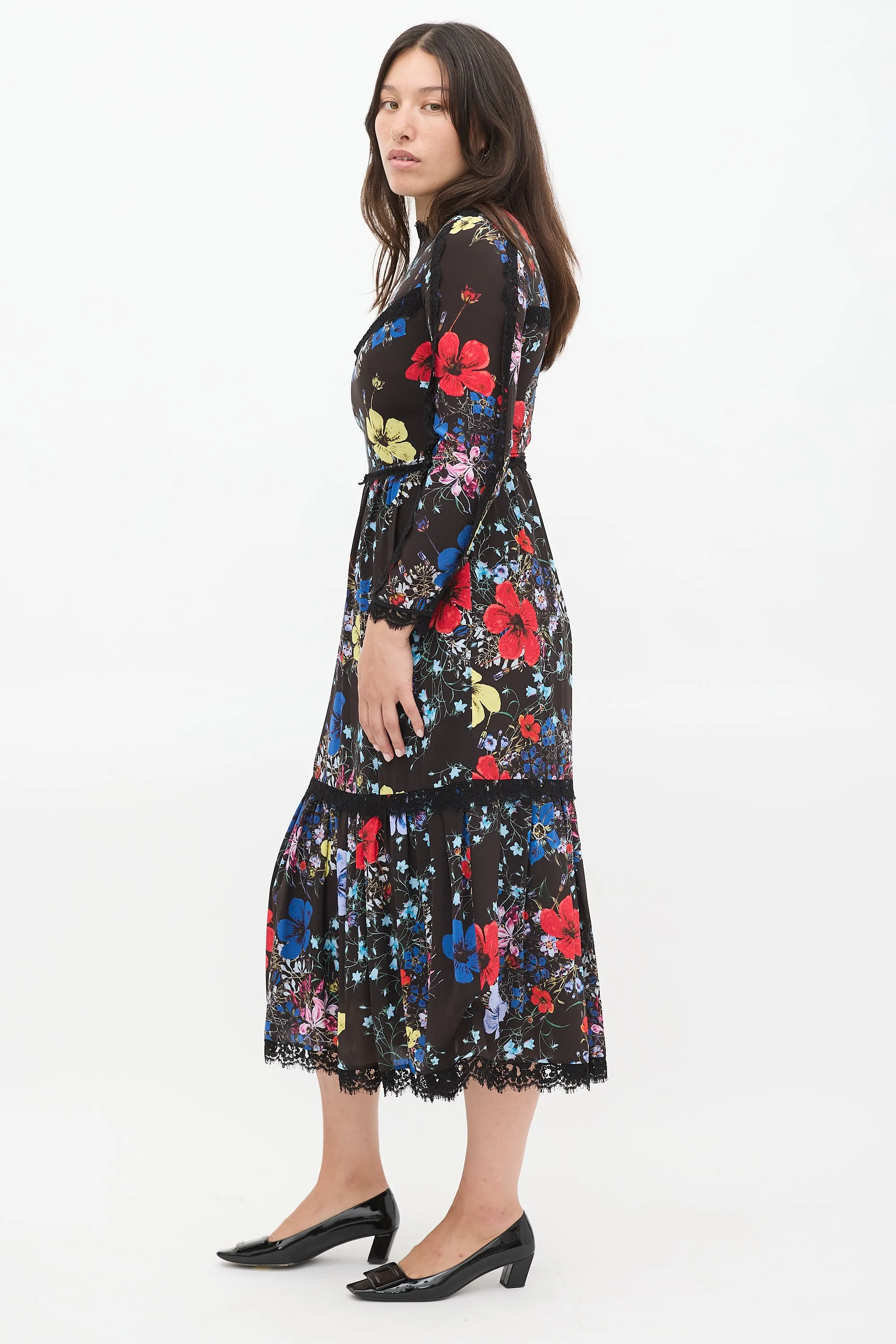 Black & Multicolour Silk Floral Georgie Tier Dress