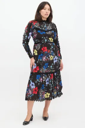 Black & Multicolour Silk Floral Georgie Tier Dress