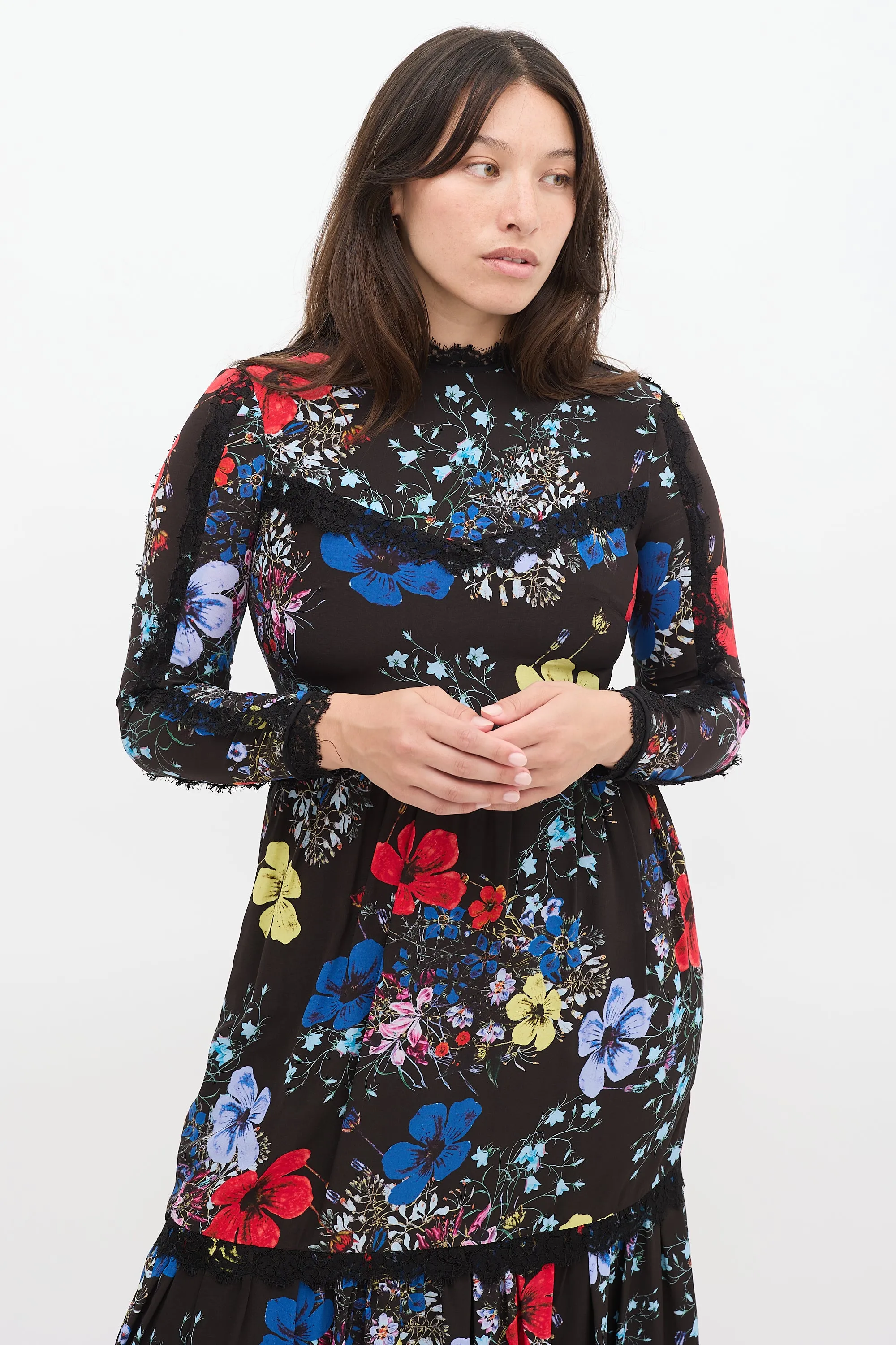 Black & Multicolour Silk Floral Georgie Tier Dress