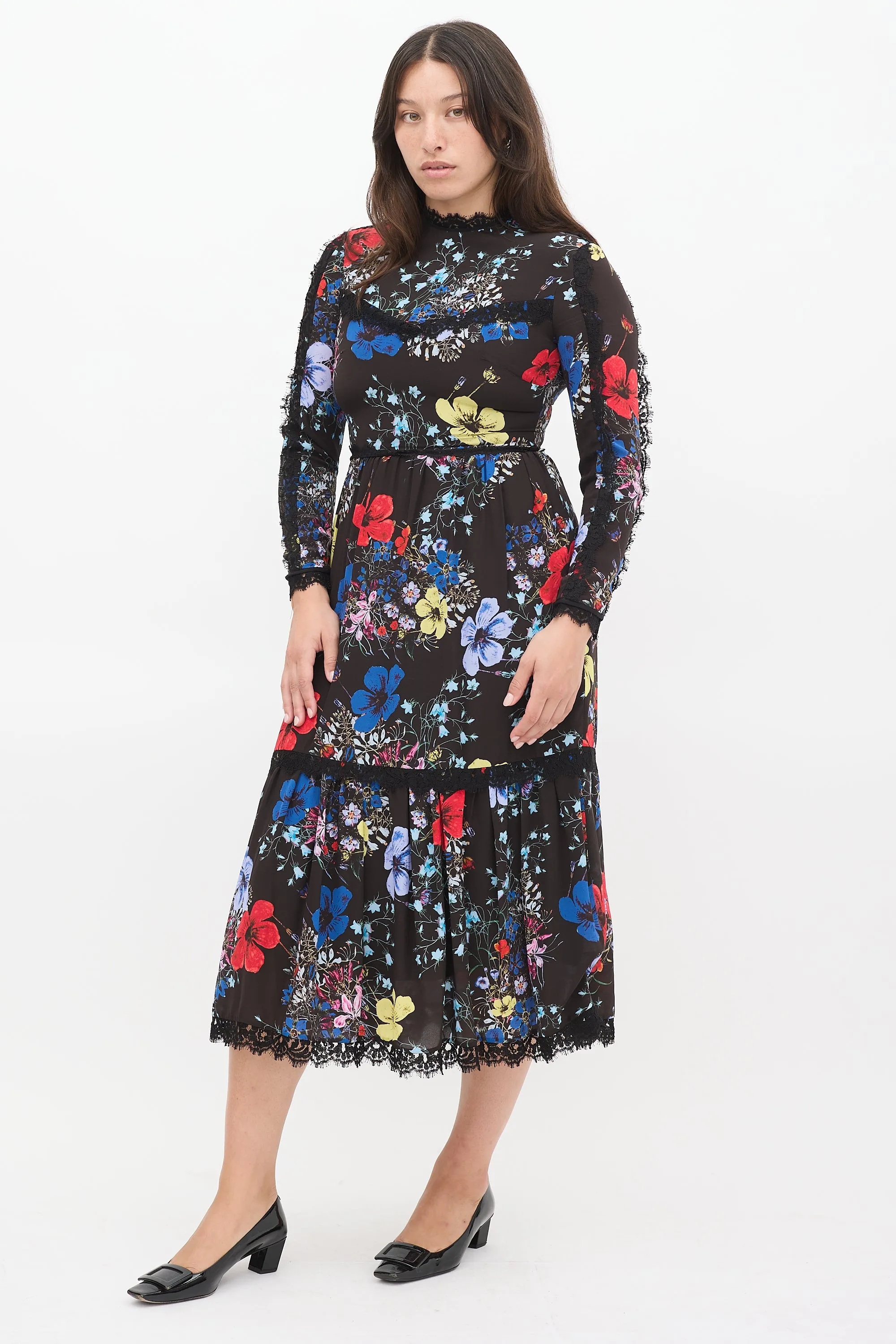 Black & Multicolour Silk Floral Georgie Tier Dress