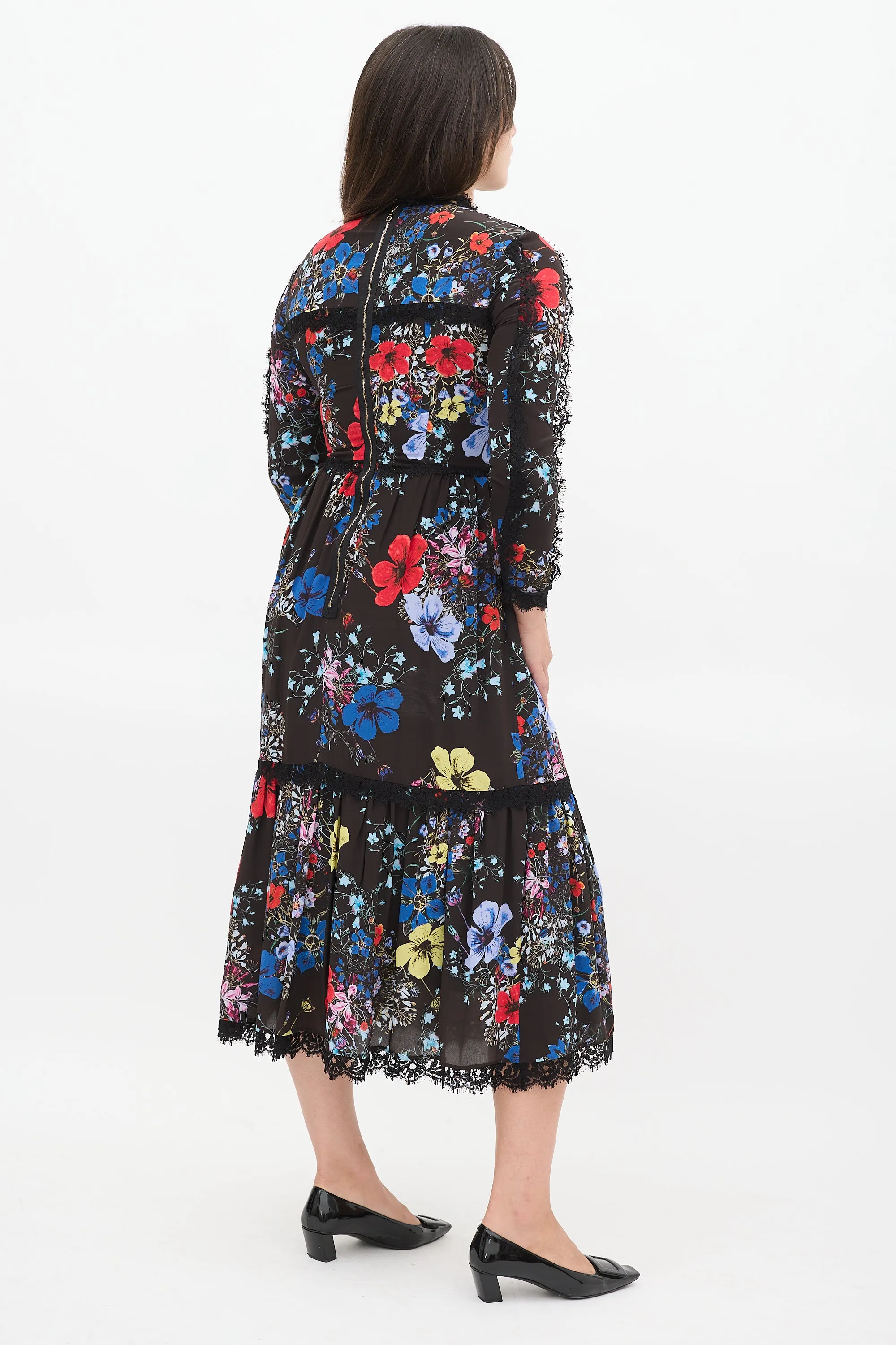 Black & Multicolour Silk Floral Georgie Tier Dress