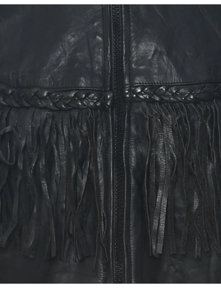 Black Classic Fringed Leather Jacket - M