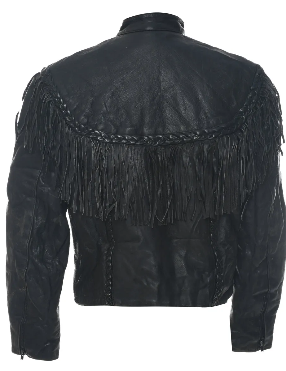 Black Classic Fringed Leather Jacket - M