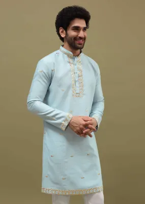 Blue Kurta Set With Abla Work For Men