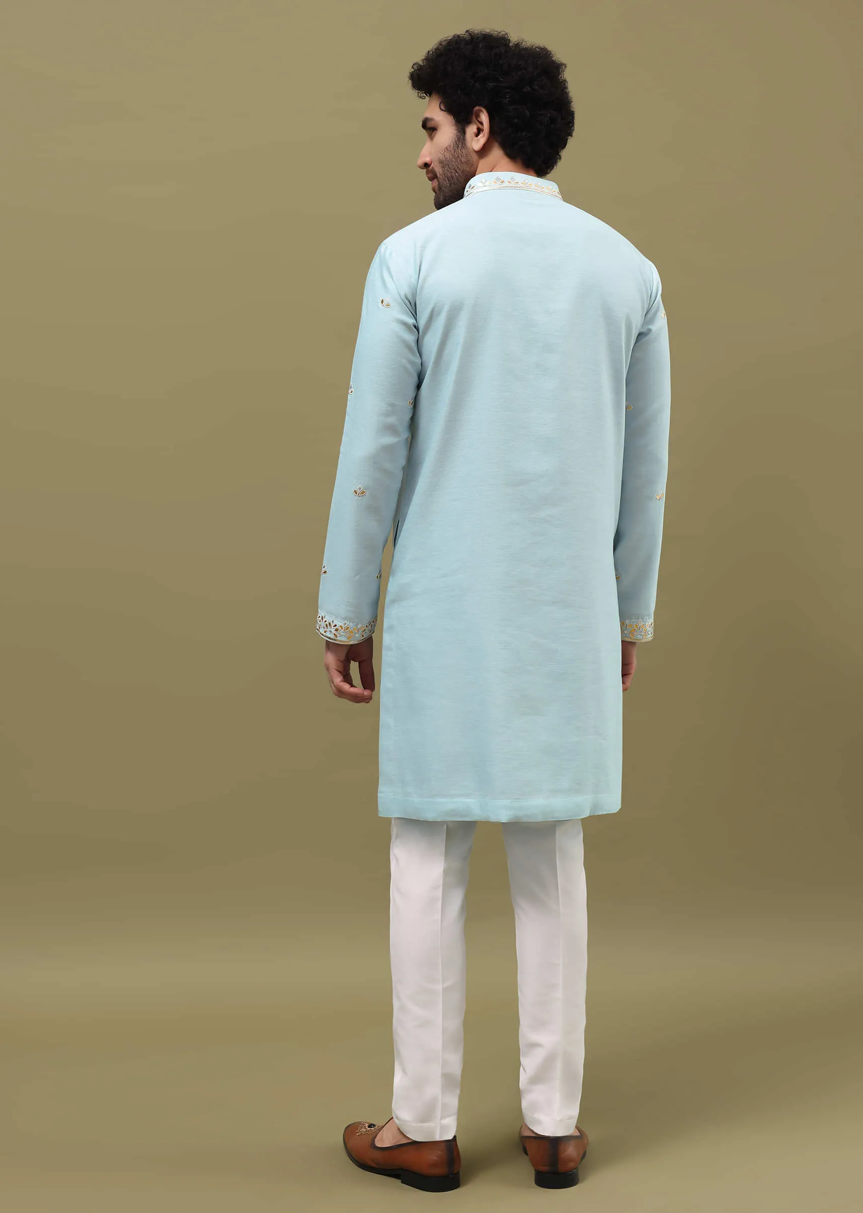 Blue Kurta Set With Abla Work For Men