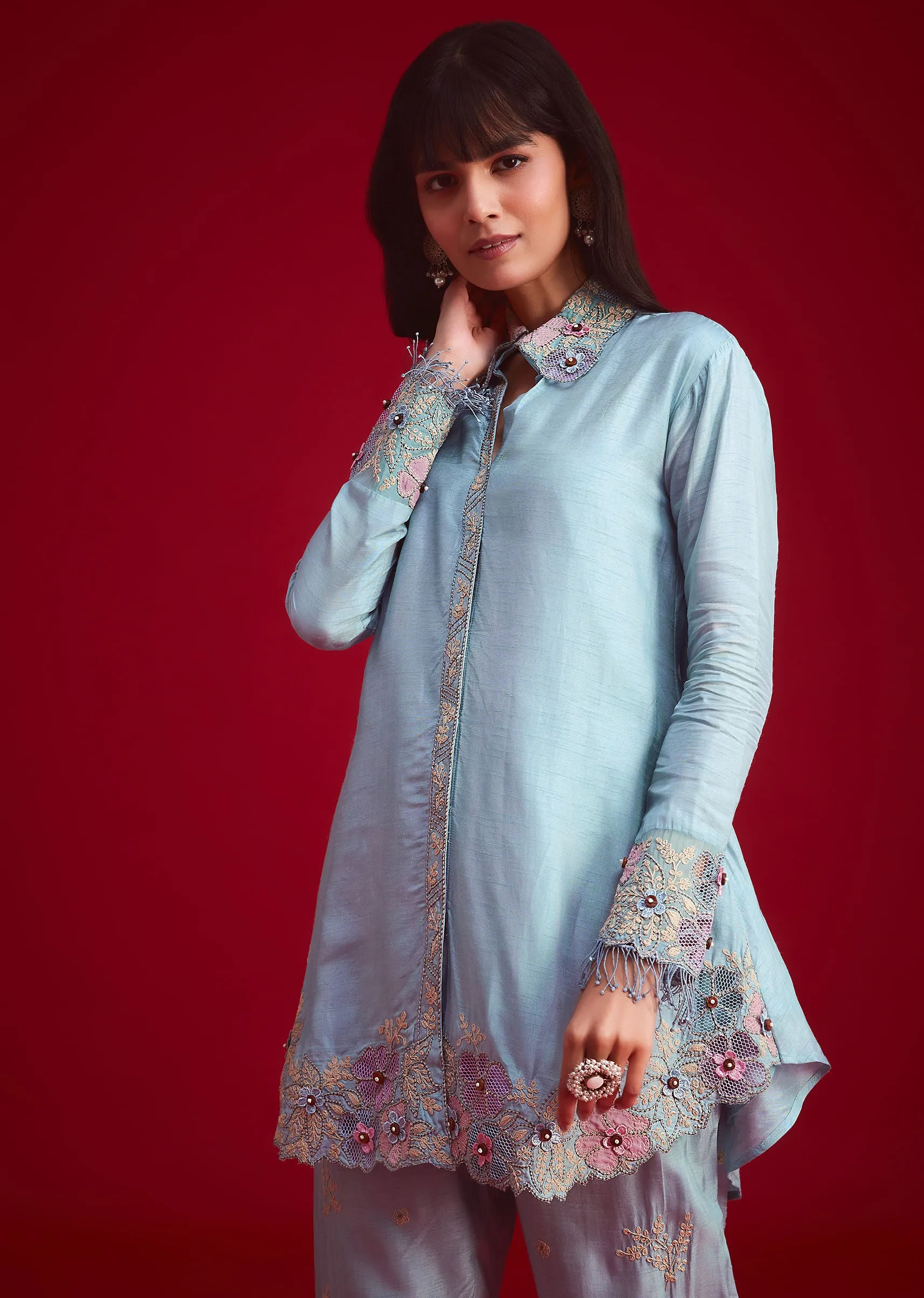 Blue Silk Threadwork And Patch Work Kurta Pant Set