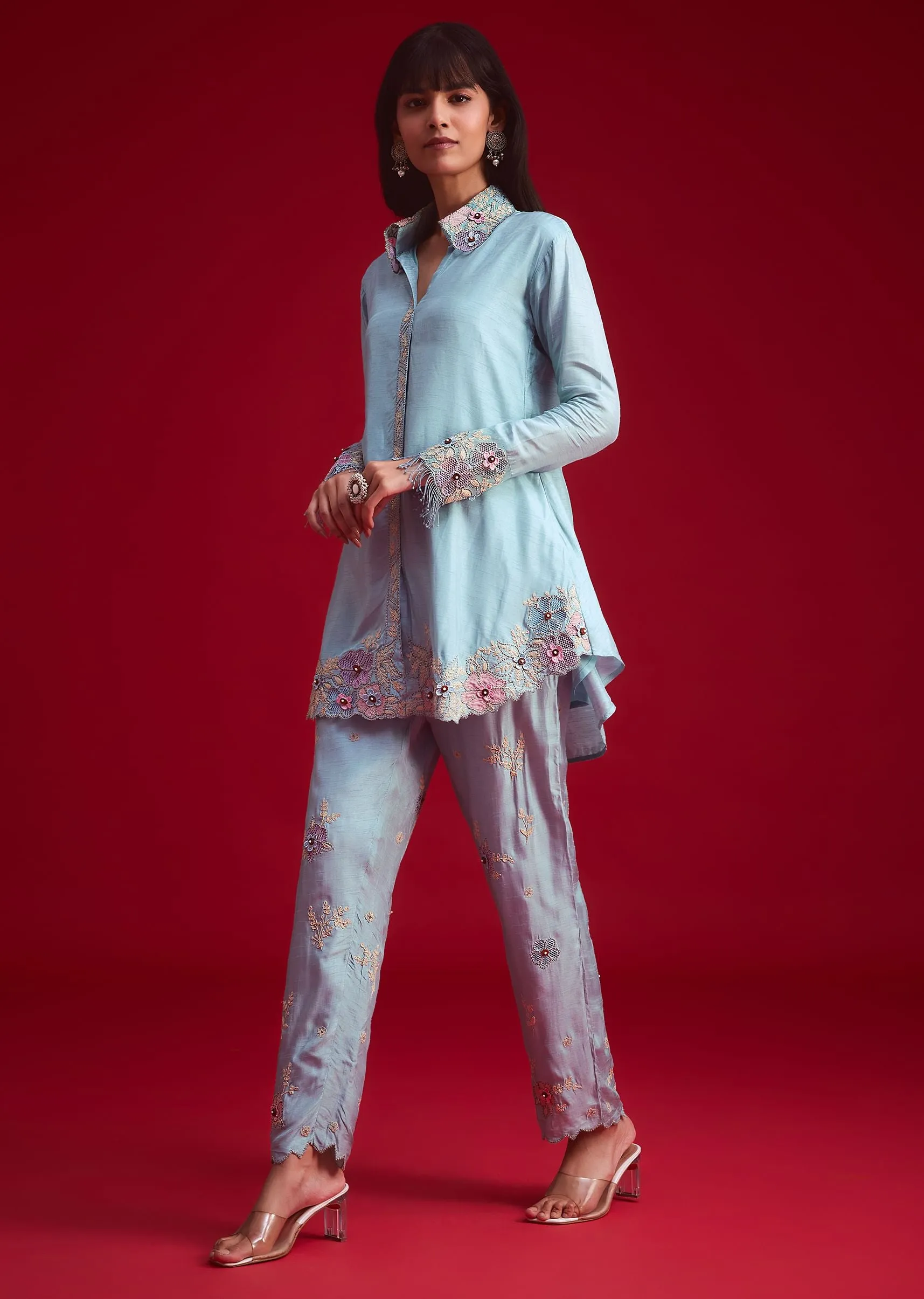 Blue Silk Threadwork And Patch Work Kurta Pant Set