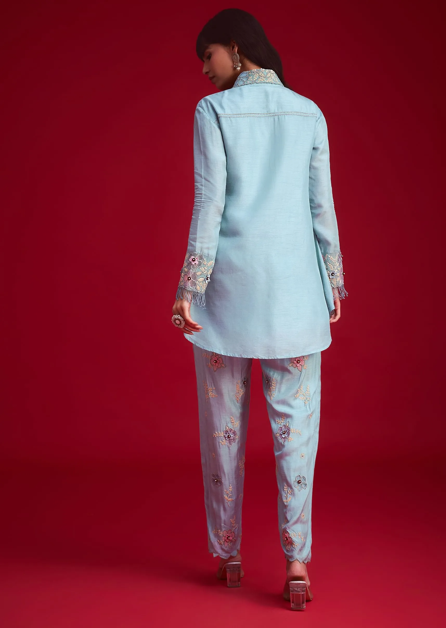 Blue Silk Threadwork And Patch Work Kurta Pant Set