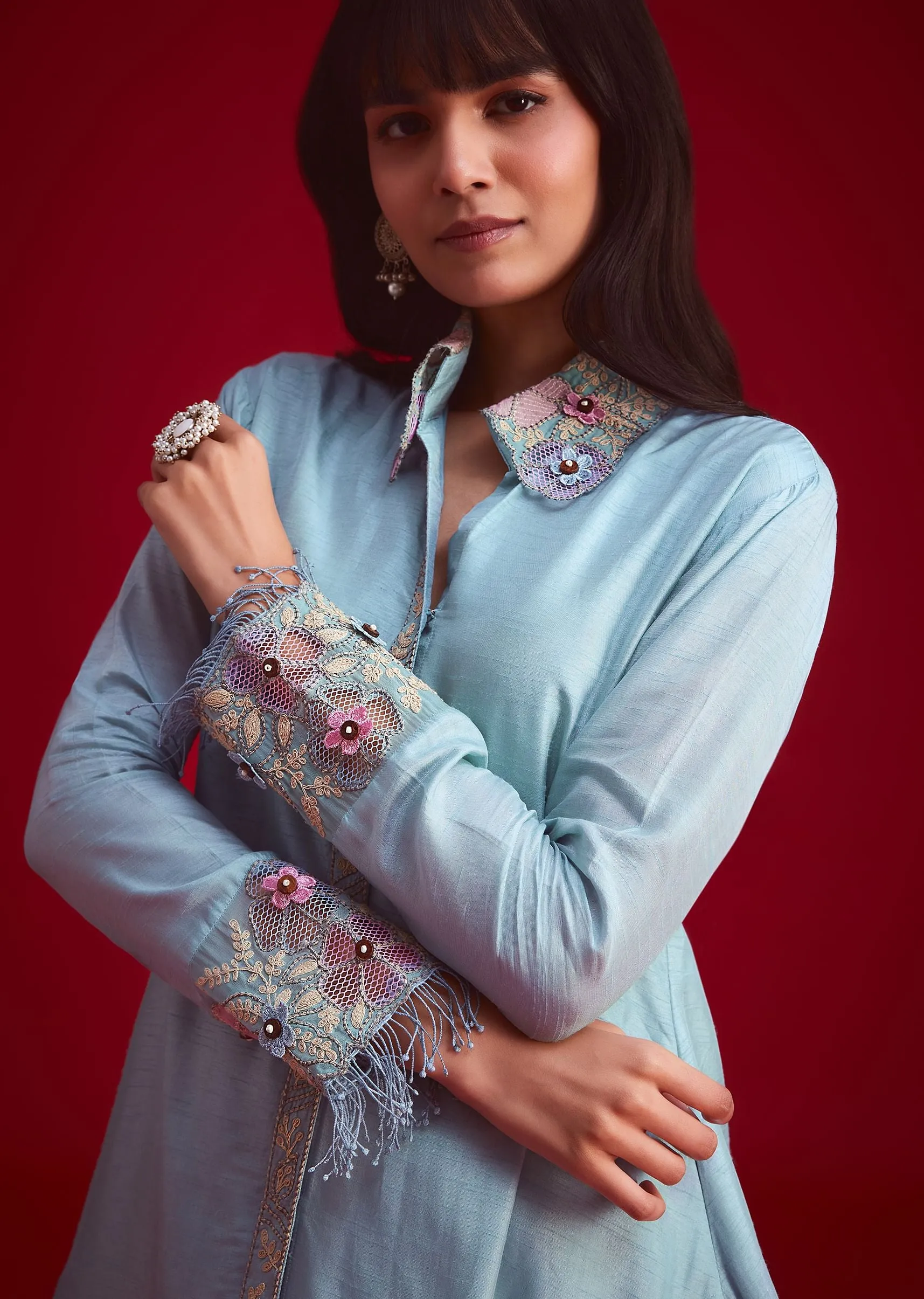 Blue Silk Threadwork And Patch Work Kurta Pant Set