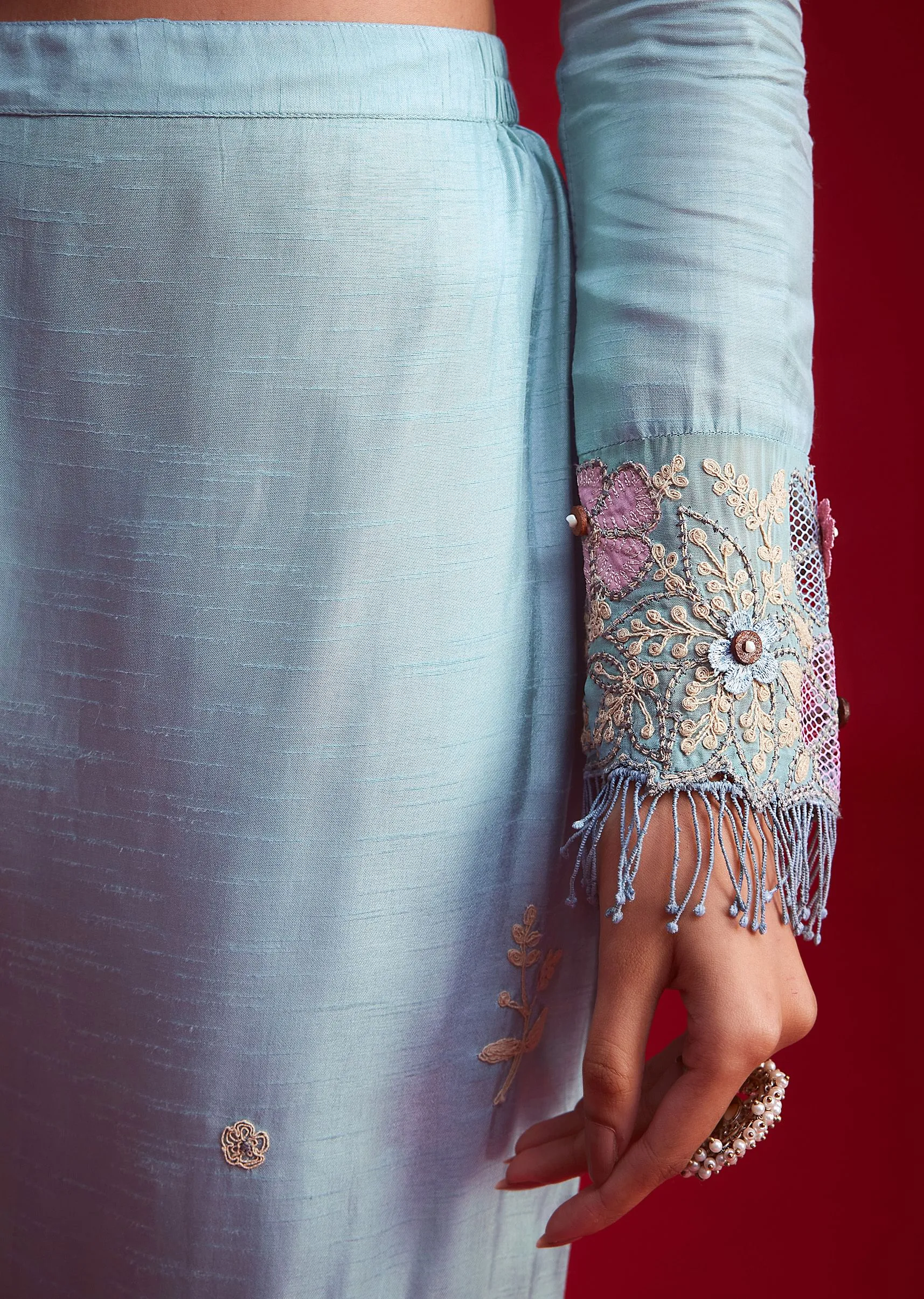 Blue Silk Threadwork And Patch Work Kurta Pant Set
