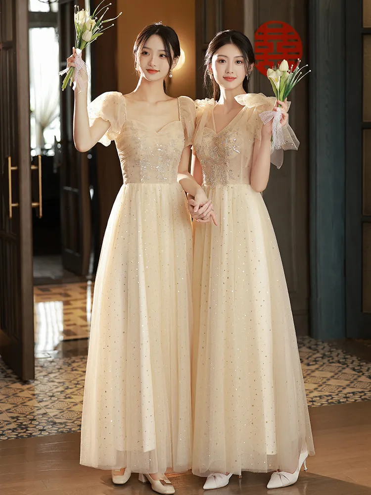 Champagne  A Line Long Prom Dress Shiny Formal Party Gown Bridesmaid Dress 559