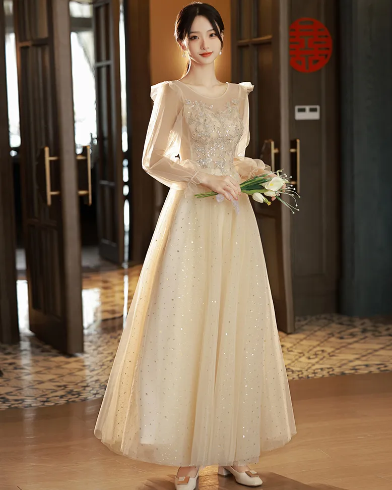 Champagne  A Line Long Prom Dress Shiny Formal Party Gown Bridesmaid Dress 559