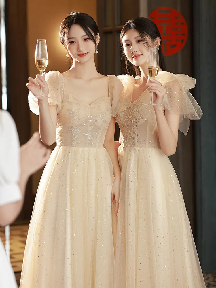 Champagne  A Line Long Prom Dress Shiny Formal Party Gown Bridesmaid Dress 559
