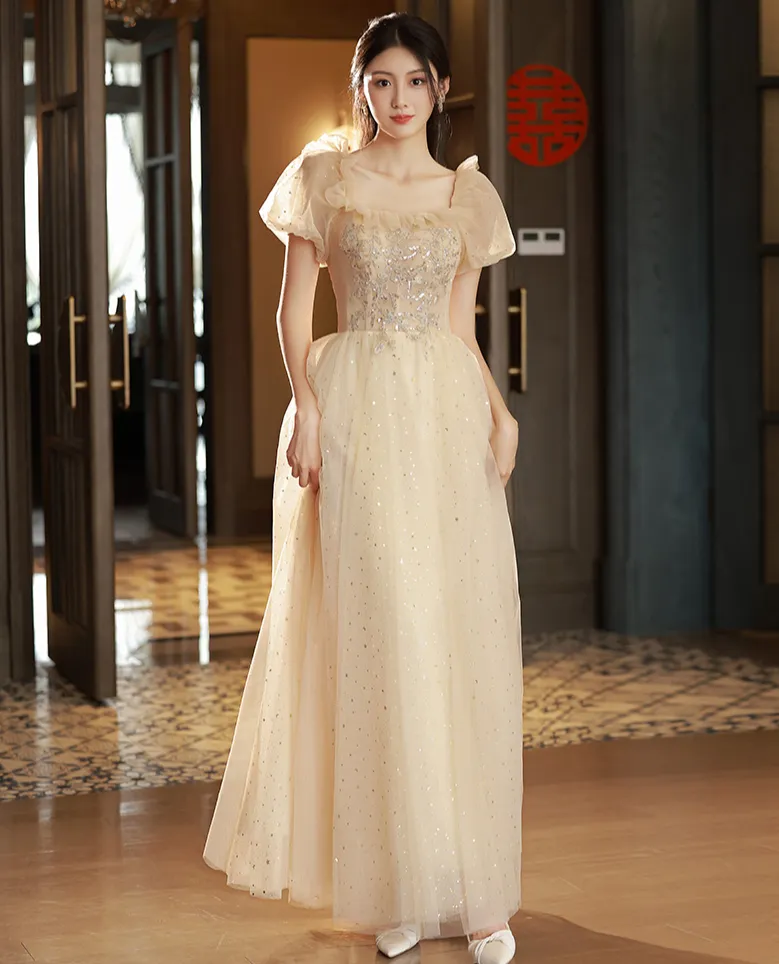 Champagne  A Line Long Prom Dress Shiny Formal Party Gown Bridesmaid Dress 559