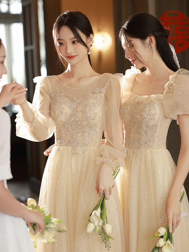 Champagne  A Line Long Prom Dress Shiny Formal Party Gown Bridesmaid Dress 559