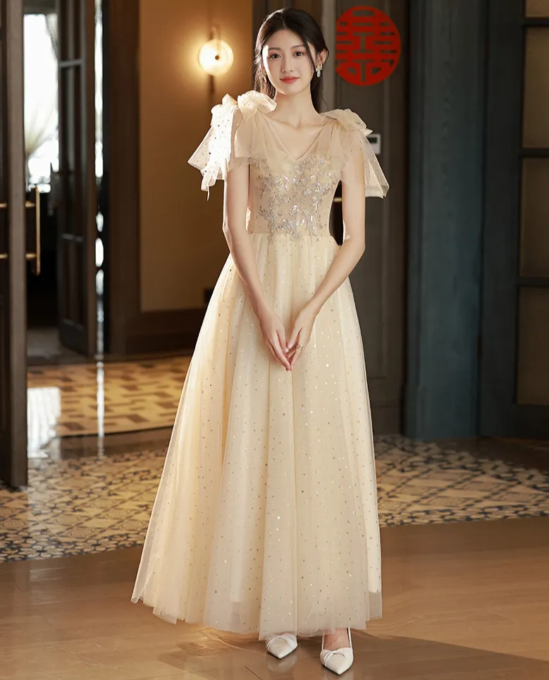 Champagne  A Line Long Prom Dress Shiny Formal Party Gown Bridesmaid Dress 559