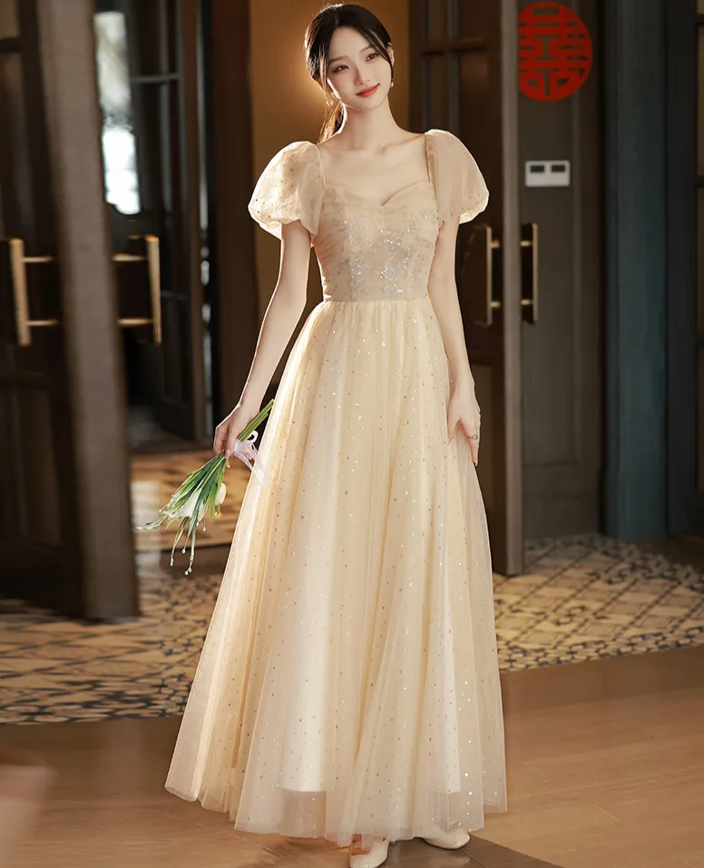 Champagne  A Line Long Prom Dress Shiny Formal Party Gown Bridesmaid Dress 559