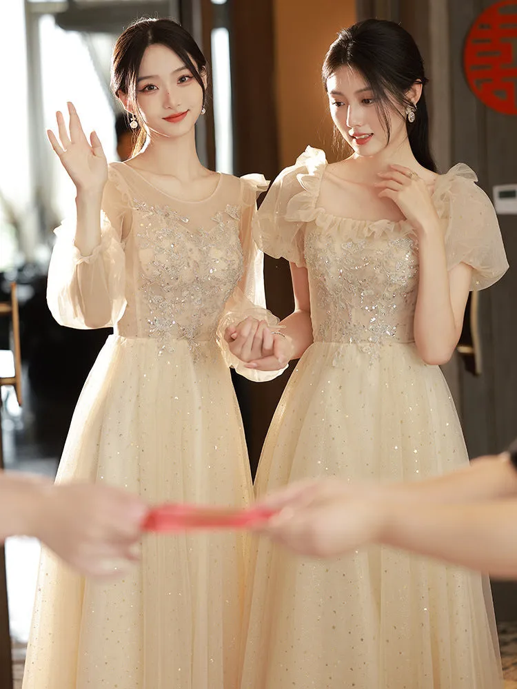 Champagne  A Line Long Prom Dress Shiny Formal Party Gown Bridesmaid Dress 559