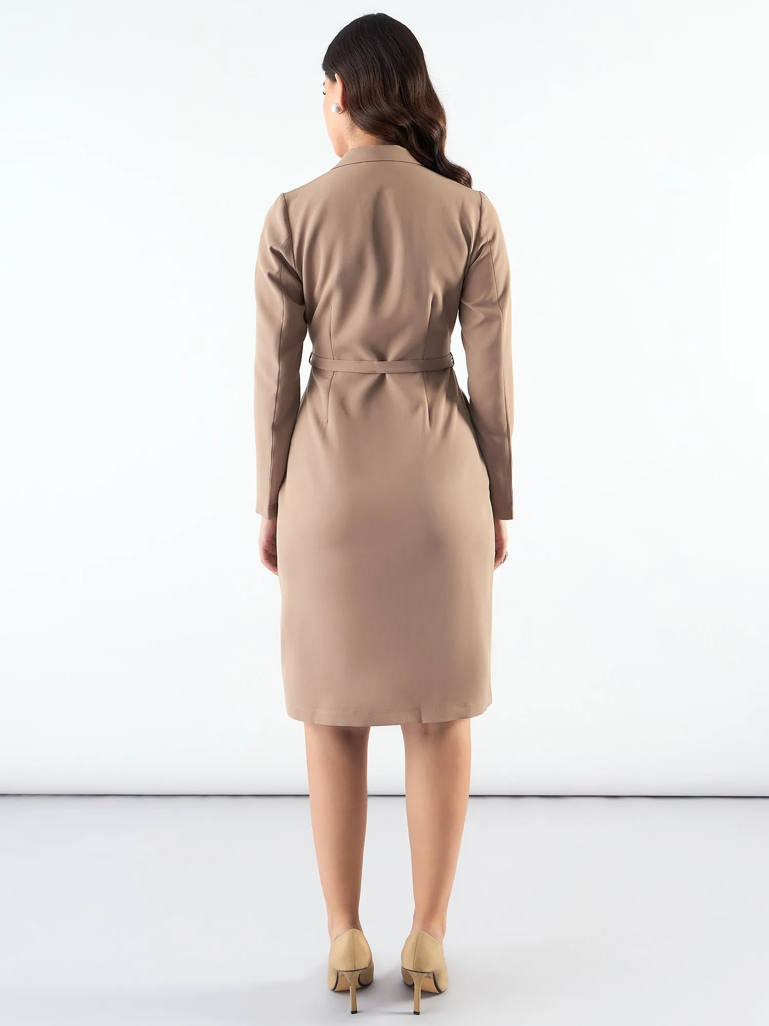 Classic Beige Polyester Tailored Above Knee Length Dress