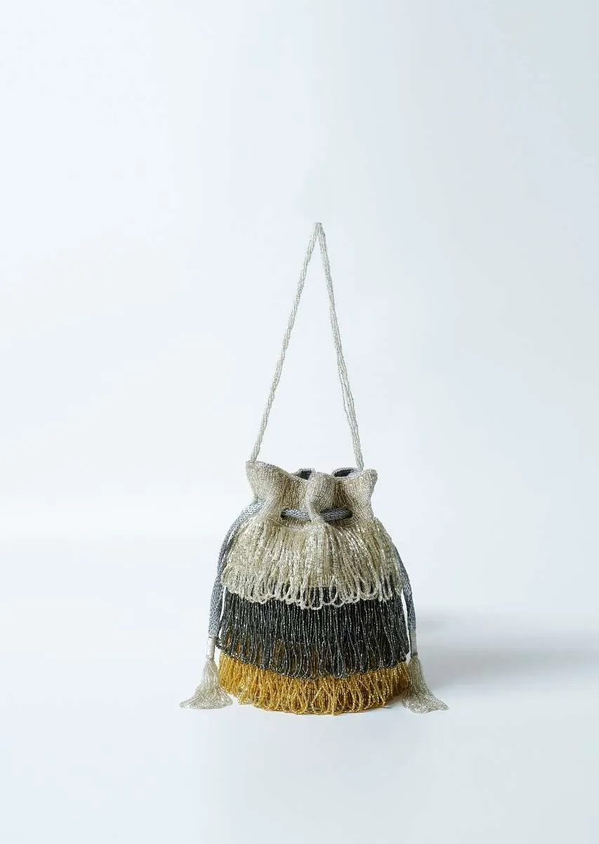 Drizzle Potli Bag With Japanese Bead Fringes In Silver, Grey And Golden  Online - Kalki Fashion