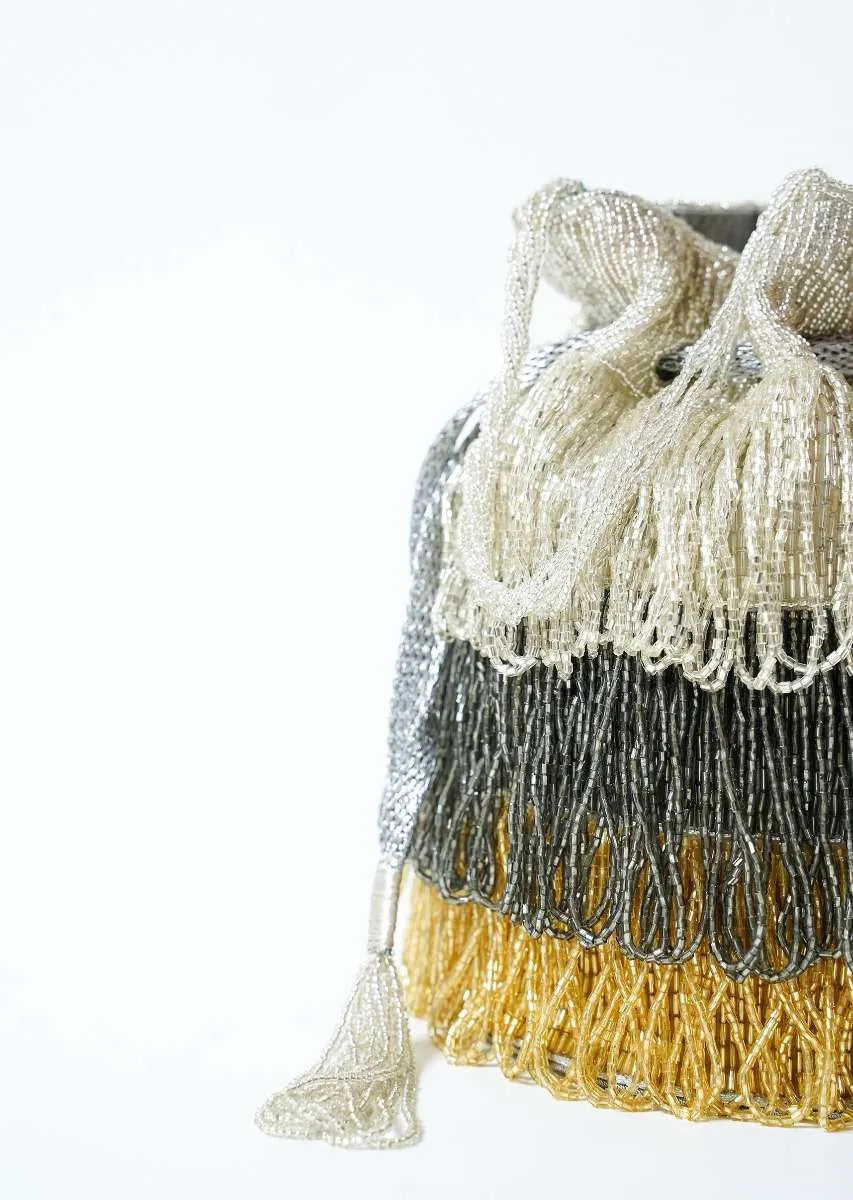 Drizzle Potli Bag With Japanese Bead Fringes In Silver, Grey And Golden  Online - Kalki Fashion