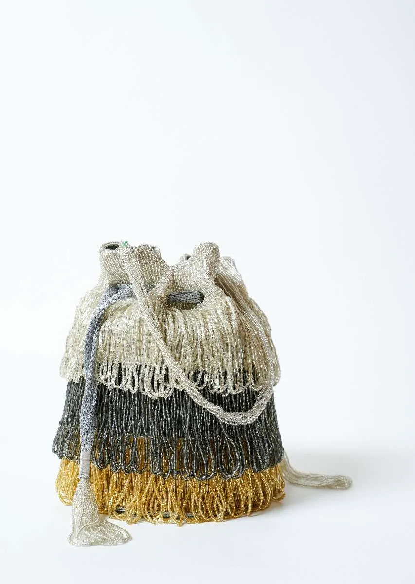 Drizzle Potli Bag With Japanese Bead Fringes In Silver, Grey And Golden  Online - Kalki Fashion