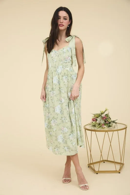 FLORAL CORSET DETAIL TIE STRAP MIDI DRESS