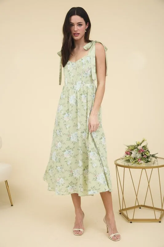 FLORAL CORSET DETAIL TIE STRAP MIDI DRESS