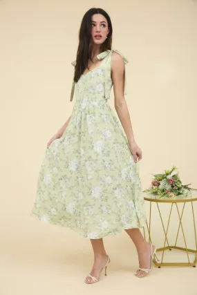 FLORAL CORSET DETAIL TIE STRAP MIDI DRESS