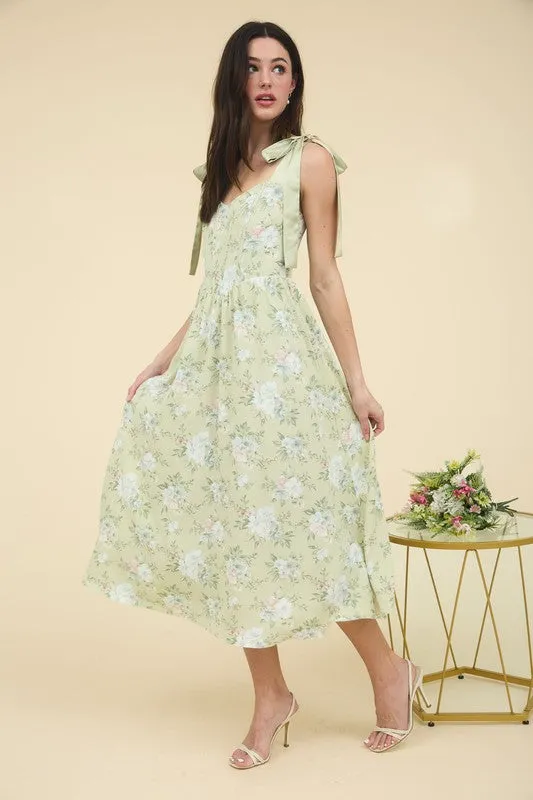 FLORAL CORSET DETAIL TIE STRAP MIDI DRESS